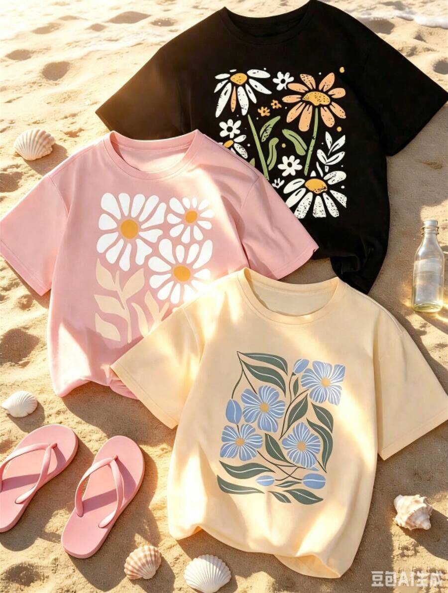 Sold Separately, Not A Three-Piece Set. Women's Vintage American-Style Printed T-Shirt, Soft And Comfortable, Available In Various Styles. Three Designs To Choose From. Made From 100% Pure Cotton, It's Ideal For Working Out, Everyday Wear, Vacations, School, The Office, And Parties. - 黑色 - 查看 1