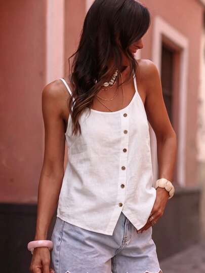 Women's Adjustable Spaghetti Strap Tank Top, Asymmetric Curved Hem, Matte Button Vacation Style Blouse For Summer Casual