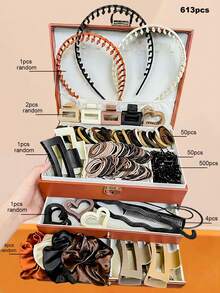 613/100/4/Set Maillard Color Hair Accessories Set, Multiple Styles Claw Clips, Hair Hoops, Matte ABS + Faux Silk Satin, Non-Slip Hair Hoops, Hair Claw, High Elastic Hair Ties, Korean Versatile Suitable For Women & Girls, Fit For Daily, Date, School, Vacation, Beach, Party, Holiday, Gift,Ponytail Holders,Hair Elastics - Multicolor - View 14
