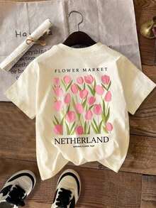 Women's Short-Sleeved T-Shirt With A Tulip Print From The Flower Market, Round Neck, Regular Length, High-Stretch Fabric, Casual Summer-Vintage Style, Urban Style, Unisex, Loose Fit, Cotton Blouses For Women. Casual Blouses For Ladies. - 杏色 - 查看 3