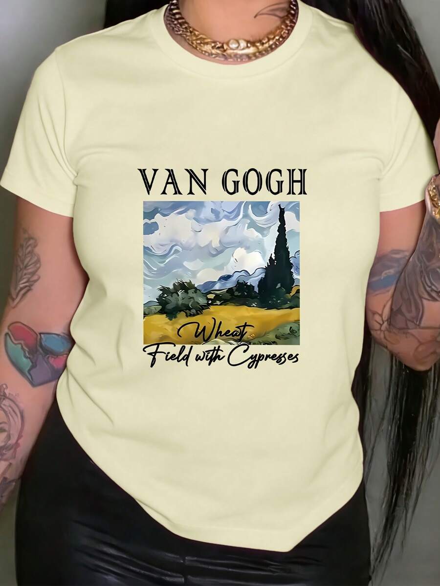 Women's T-Shirt 100% Cotton - Van Gogh T-Shirt For Women - Short Sleeve, Round Neck, Casual Style With Van Gogh Print, Not Compatible With Blouses, For Galleries, Casual And Themed Outfits. | Machine Washable Spring And Summer Clothing (Regular Fit) - 杏色 - 查看 1