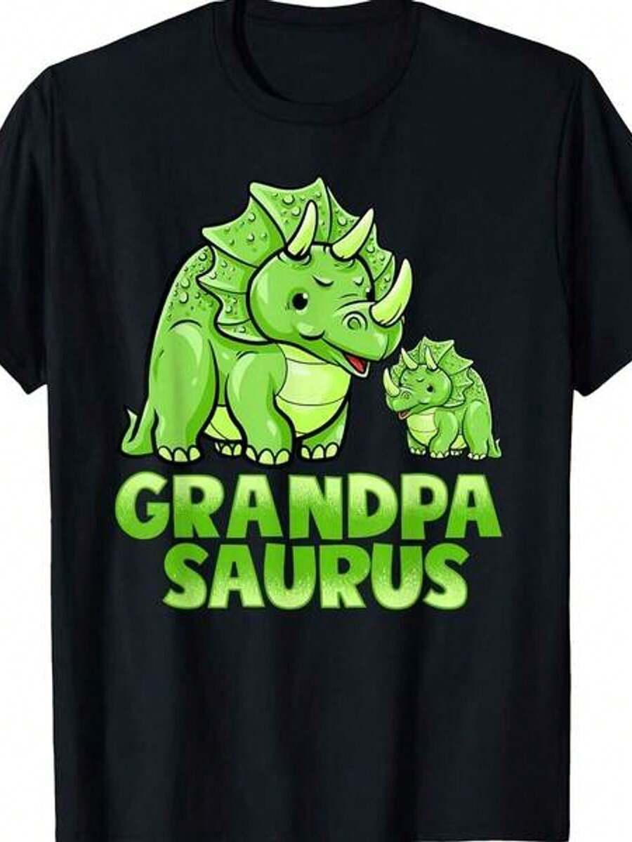 Women's Short-Sleeved T-Shirt With Round Neck And Print, Dinosaur Family Grandfather Saurus, Sizes S-3XL. Fashionable, Comfortable And Breathable, Machine Washable. - 黑色 - View 1