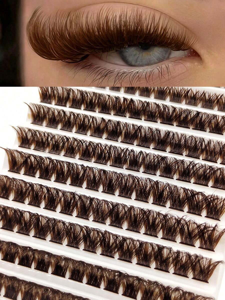 Rikuaild Set Bulu Mata Ekstensi D-Curl Tebal Cokelat 150D 130pcs, Bulu Mata Cluster Dramatis Cocok Untuk Pemula, Bulu Mata Cluster, Bulu Mata Palsu, Bulu Mata Individual, Bulu Mata, Bulu Mata Cokelat