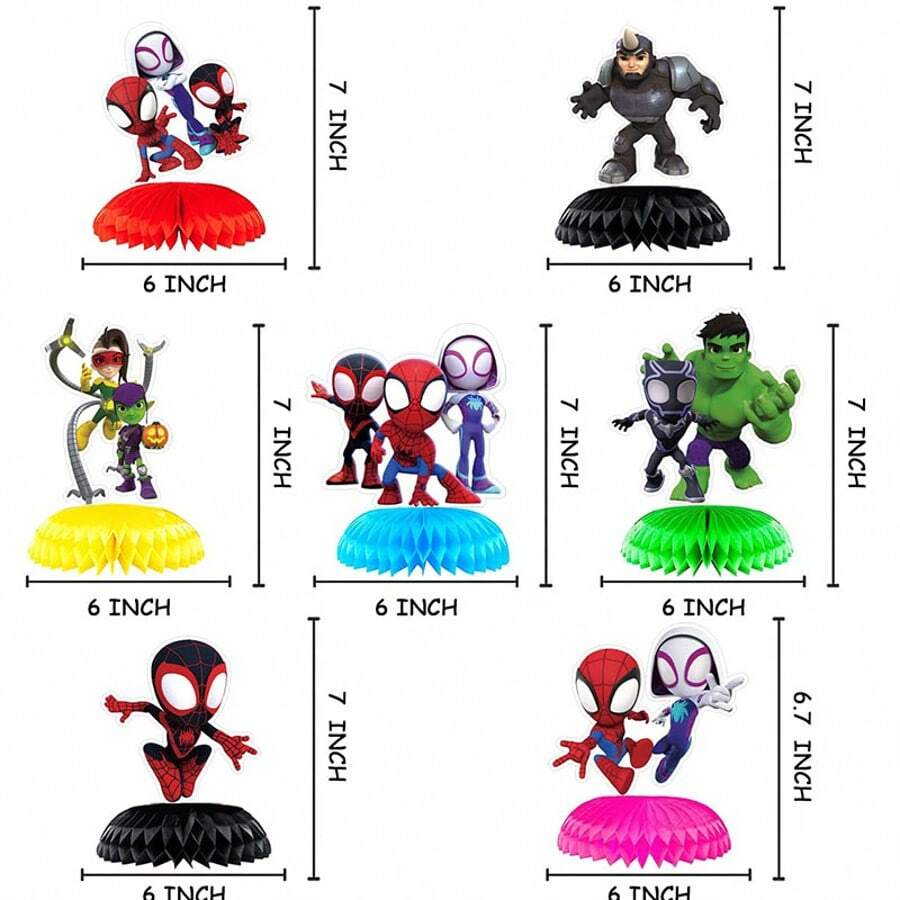 Marvel 7件套蜘蛛侠主题桌面装饰套装，包含7个蜂窝状装饰品，适合生日派对、主题活动和拍照道具。 - 彩色 - 查看 1