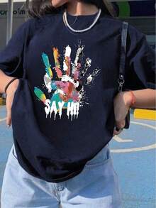 Women's Oversized T-Shirt With Graffiti Artist Handprint Design, Casual Style And Loose Fit. - Royal Blue - View 12