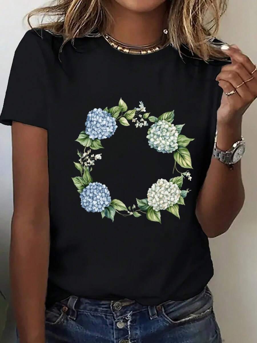 1 pieza talla grande - Camiseta de mujer de corte holgado - Top de cuello redondo, camisa casual transpirable para uso diario, adecuada para todas las estaciones, tanto para atuendos casuales como formales, camiseta de mujer, ropa de verano, estampado floral geométrico, camiseta cómoda, top de corte holgado, top a la moda, material ligero, camiseta de manga corta, para entusiastas de la moda, 180g Algodón 100%. - Negro - Ver 1