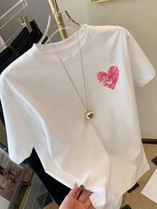 Heart And Glitter Print T-Shirt, Short Sleeves, Round Neck, Casual Top For Spring And Summer, Women's Clothing - High Quality - 白色 - 查看 2