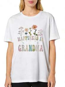 Plus Size Breathable T-Shirt, Elegant And Casual, Round Neck For Women, With Printed Designs Of The Model "Happiness Is Being The Grandmother Of The Flower Grandmother" For Spring And Summer, Women's Cotton T-Shirts, Premium Women. - 白色 - 查看 2