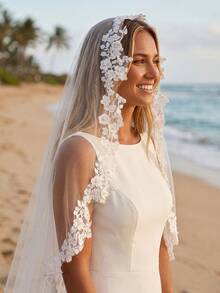 1pc Fingertip Length Pearl Bridal Wedding Veil, White/Ivory Lace Trim Decorated With Comb - Multicolor - View 3
