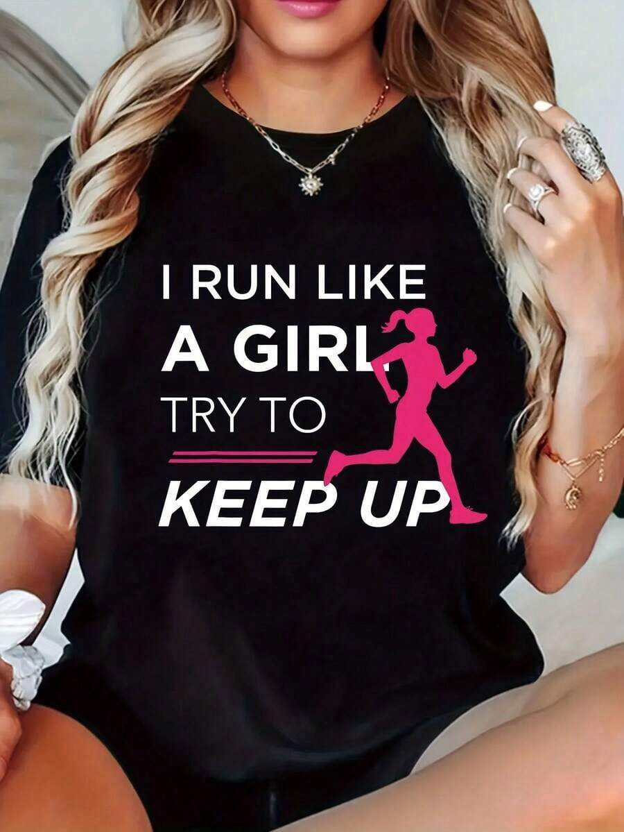 Under The Radar Women's Casual Short Sleeve T-Shirt With Running Inspirational Print, Crew Neck, Slightly Stretchy, Regular Fit, Spring Summer Top, Ladies T-Shirt - Unisex Vintage Urban Style, Loose Cotton Short Sleeve Crew Neck T-Shirt - 黑色 - 查看 1