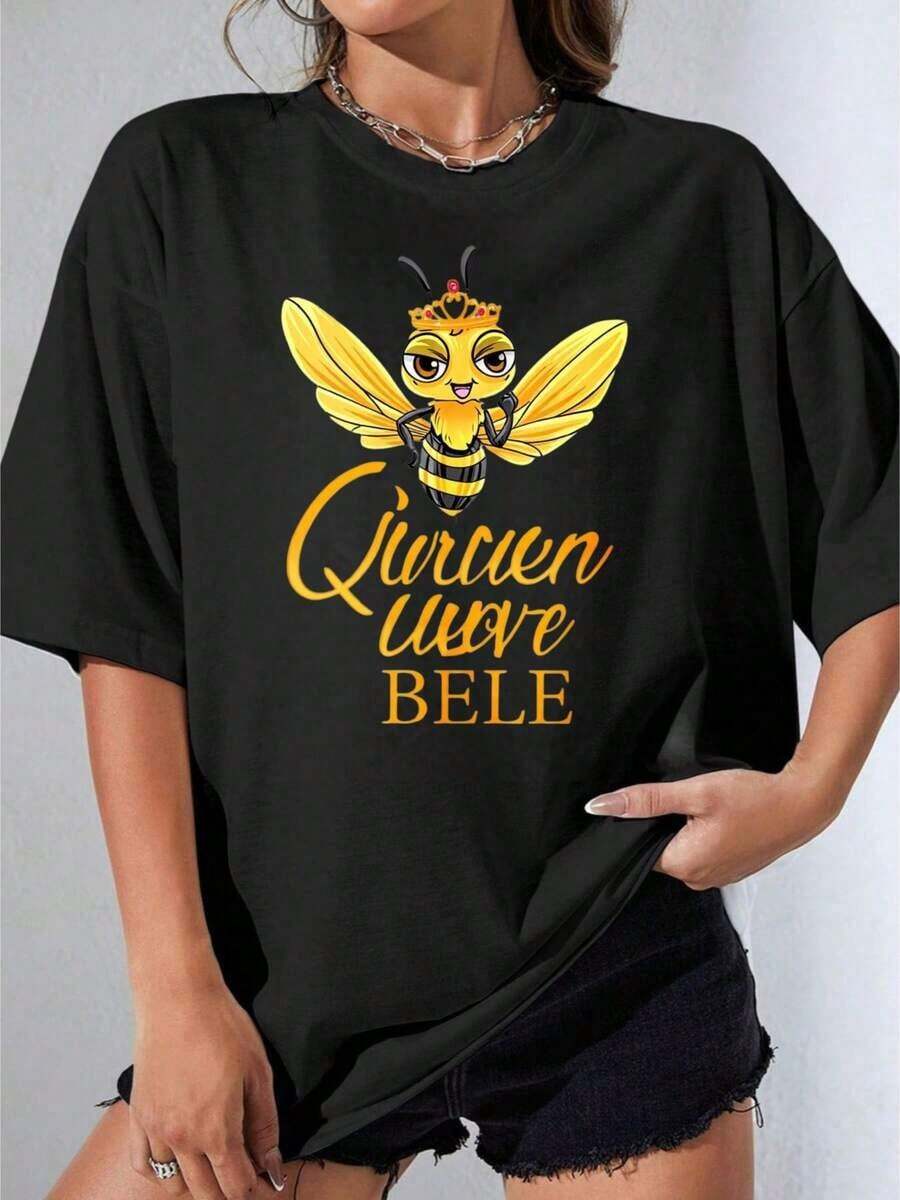 Women's T-Shirts For Gift, Short Sleeve, Casual Style For Parties, OneWomen Oversize T-Shirt, White Queen Bee Design With Crown And Text 'Queen Weve Bele', Soft Summer Casual Outfit. - 黑色 - 查看 1