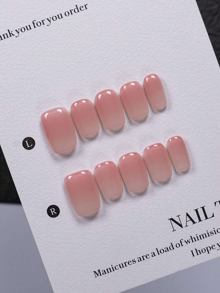 10 Pieces Extra Short Square Handmade Press On Nails With Nail Tools Nude Pink Gradient Clear Cat Eye Glossy False Nails Suitable For Commuting Outfits No Makeup Looks Daily Wear Press On Nail Tips - Multicolor - View 1