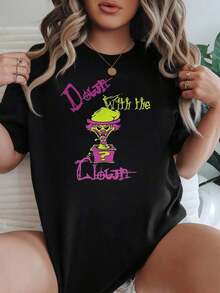 Women's Casual Loose Fit T-Shirt, Available In Black And White, Graphic Print T-Shirt, Summer Everyday Wear T-Shirts, Summer Tops, Graphic Tees, Women's Summer Sets, Women's Crop Tops, Casual Blouses For Ladies - 黑色 - 查看 1