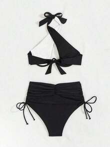 Conjunto de bikini 2025 para mujer con diseño de cruz calado, halter, sexy y con soporte de aros para el verano - Blanco y Negro - Ver 8