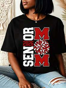 Class Of Fashion T-Shirt Senior Shirt,Graduation Gift Women's Senior Mom Fashion T-Shirt Cheerleader Pom Pom Design Casual Round Neck T-Shirt For Spring And Fall Perfect Gift For Mother Of High School Graduate,Perfect For June Graduation,And A Great Gift - 黑色 - 查看 1