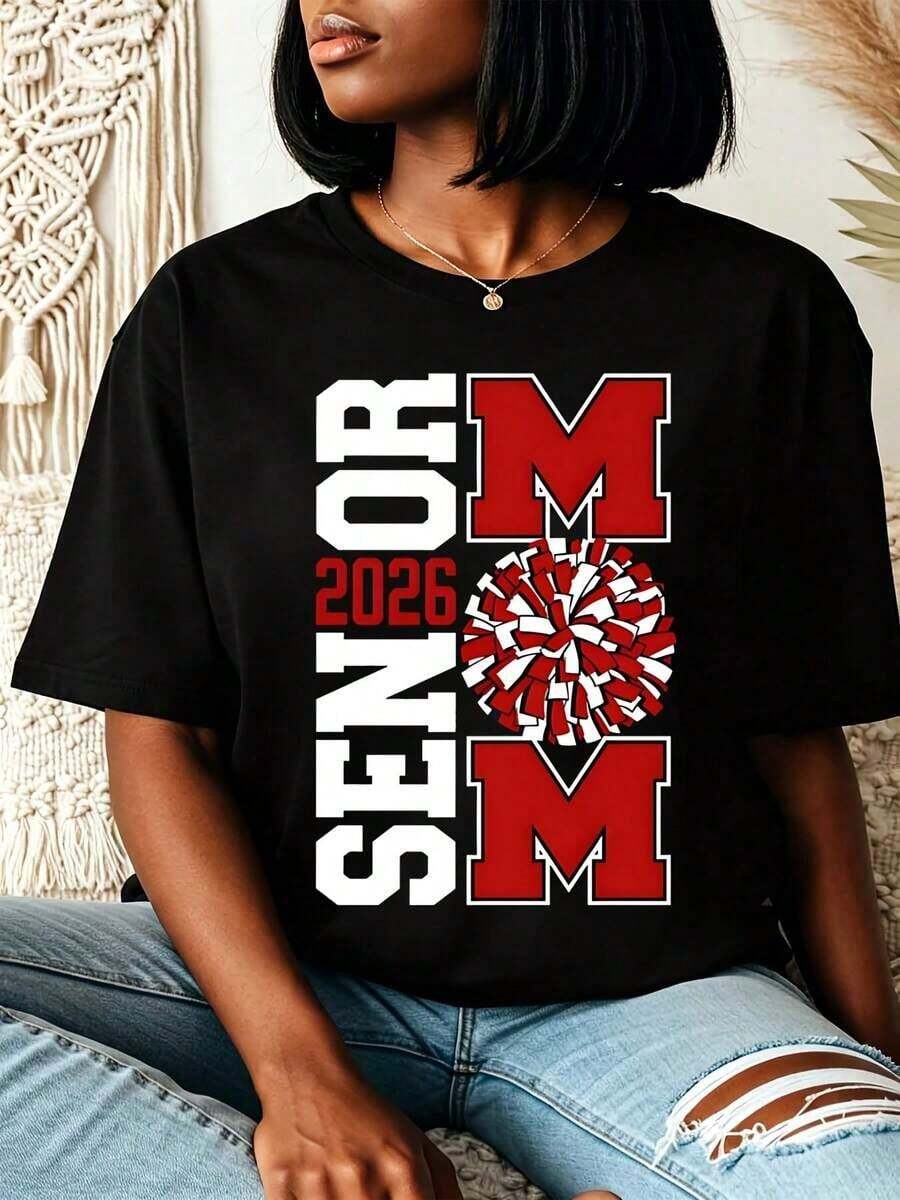 Class Of Fashion T-Shirt Senior Shirt,Graduation Gift Women's Senior Mom Fashion T-Shirt Cheerleader Pom Pom Design Casual Round Neck T-Shirt For Spring And Fall Perfect Gift For Mother Of High School Graduate,Perfect For June Graduation,And A Great Gift - 黑色 - 查看 1