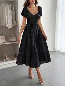 New Women's Summer Maxi Dress, Casual Vacation Style, Balloon Sleeve, Flattering Design, Cool, Perfect For Vacation, Beach, Walks And Day Looks - 黑色 - 查看 1