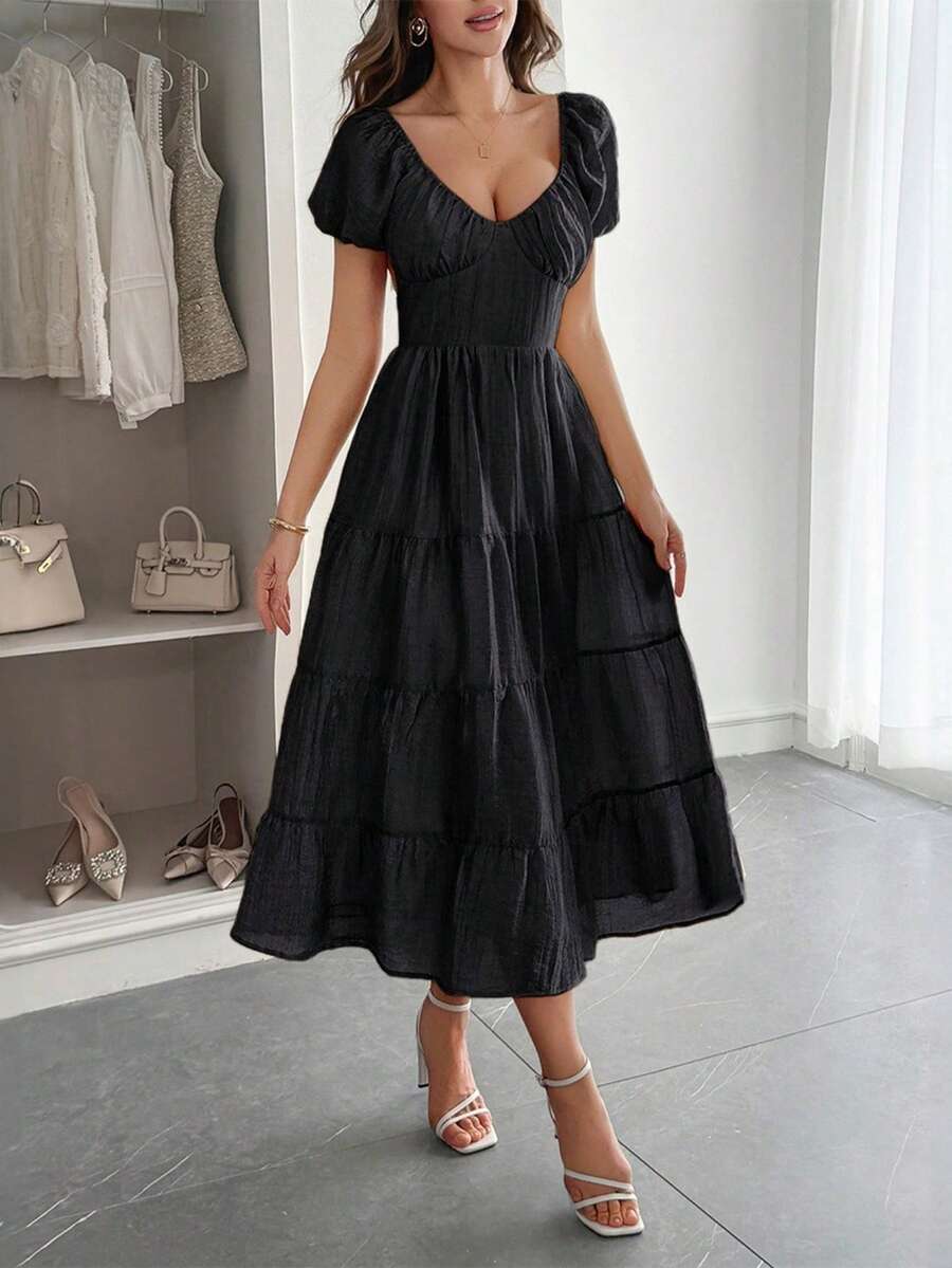 New Women's Summer Maxi Dress, Casual Vacation Style, Balloon Sleeve, Flattering Design, Cool, Perfect For Vacation, Beach, Walks And Day Looks - 黑色 - 查看 1