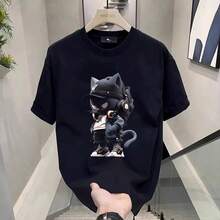 Men's Cotton T-Shirts, White, Size 5XL, Men's Casual Summer T-Shirt, Anime Cat Print T-Shirts, Black Clothing For Men - 黑色 - 查看 5