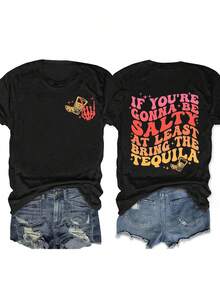 Camiseta Deportiva Casual para Mujer en Negro con Diseño de Texto Tequila en Negrita - Camiseta Elástica de Cuello Redondo, Lavable aáquina, Ajuste Cómodo y Versátil para Todas las Estaciones. - Negro - Ver 1