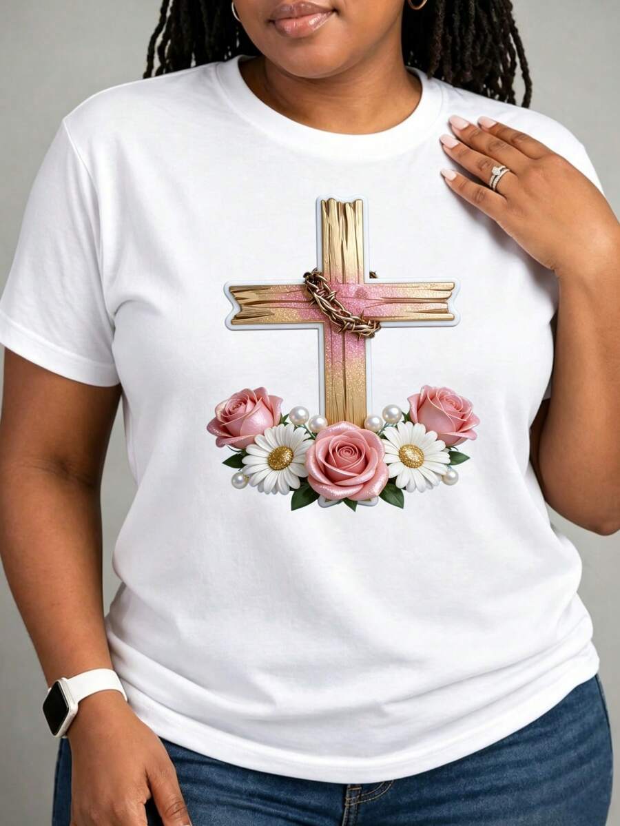 Camiseta Deportiva Casual para Mujer con Diseño de Cruces Doradas y Rosas - Camiseta Elástica de Cuello Redondo, Lavable aáquina, Ajuste Cómodo para Todas las Estaciones, para un Estilo Chic y Casual. - Blanco - Ver 1