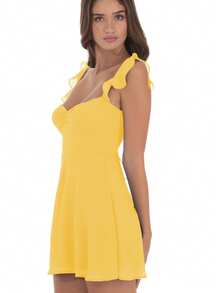 Women Summer Mini Cami Dress Solid Color Sleeveless Open Back Smocked Waist Mesh Dress - Amarillo - Ver 2