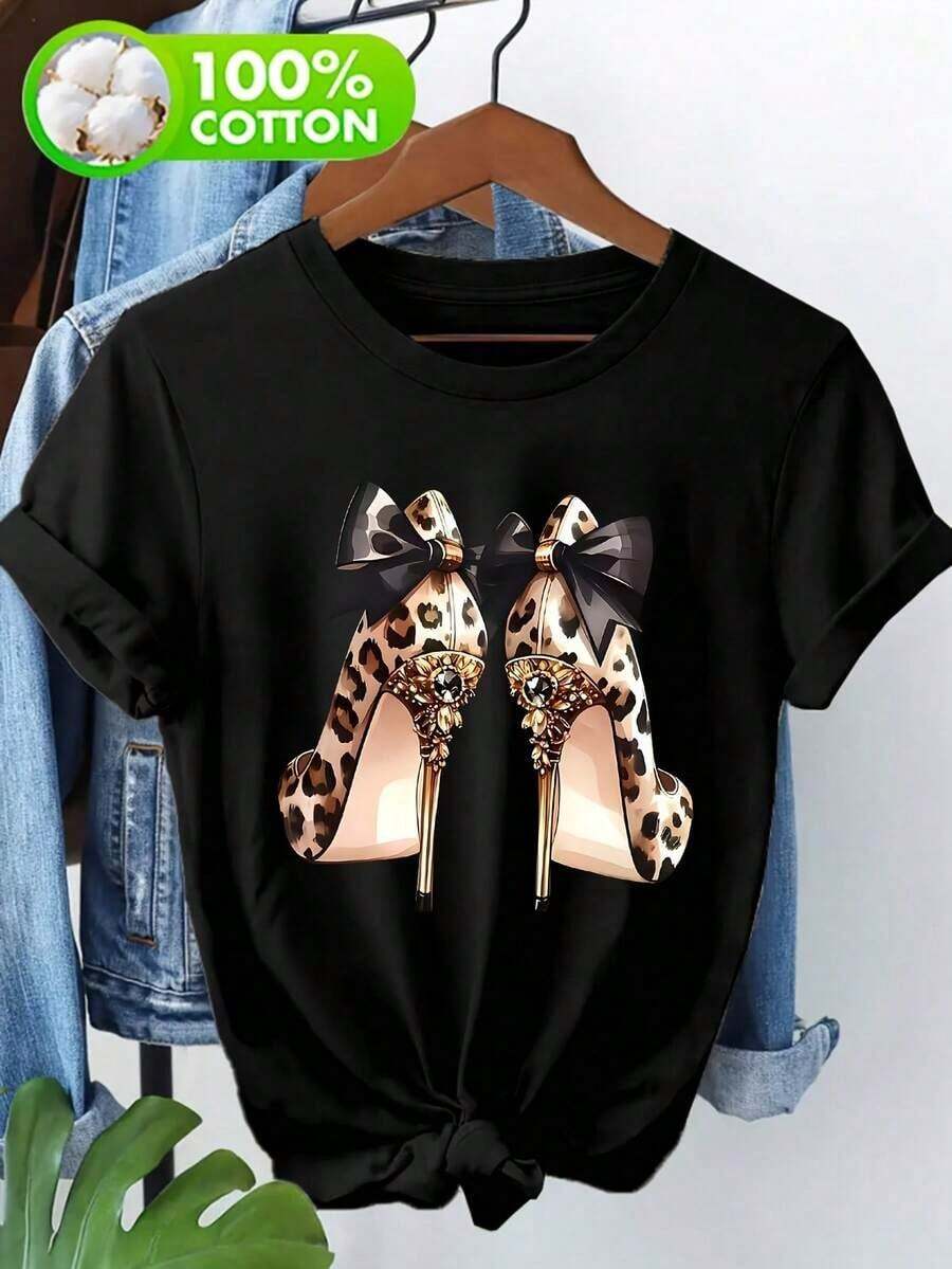 Men's And Women's 2026 One-Piece Casual Summer Set: 100% Pure T-Shirt Without Activity-Themed Prints, Women's Shorts, Casual Shirt With Leopard Print And High Heel Print. Versatile, Easy To Match, For Everyday Wear, Urban Style, Vacation Outfits, Weekend Outfits. - 黑色 - 查看 1