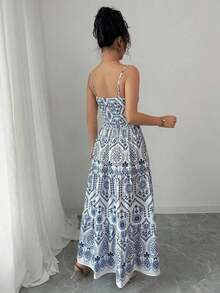 Vestido casual de vuelo con tirantes con estampado floral pequeño, primavera - Azul y blanco - Ver 2