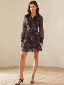 Vestido con estampado de flores, botones delanteros y cinturón para vacaciones de mujer - Cafetería - Ver 3
