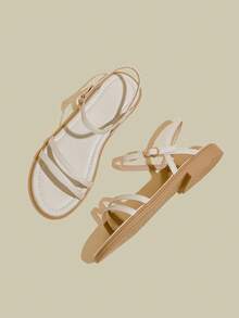 ManLuZi Sandal Wanita Warna Aprikot dengan Tali Terbuka di Ujung Kaki, Sandal Pantai Minimalis dengan Tali Tipis dan Sol Lembut untuk Musim Panas - Aprikot - View 2
