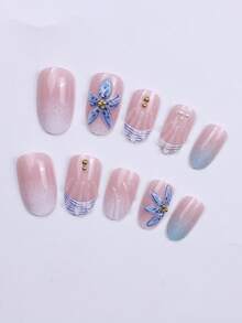 Bộ 24 miếng dán móng tay hình bầu dục trong suốt màu xanh dương và trắng, họa tiết hoa 3D, phù hợp cho các cô gái cá tính, phụ nữ công sở, dự tiệc, hẹn hò và sử dụng hàng ngày. - Nhiều màu - Xem 2