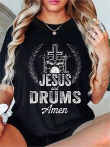 Blusa Casual para Mujer, Estilo Sencillo para Uso Diario, Tallas Grandes - Tallas Grandes - Camiseta de Adoración Cristiana para Mujer, con diseño de cruz y corona, cuello redondo suave, adecuada para el ministerio de música de alabanza, ropa de iglesia, atuendo religioso casual, tela duradera, adecuada para la primavera. Top de Manga Corta Cómodo, Suave y Sencillo para Uso Diario. - Negro - Ver 7