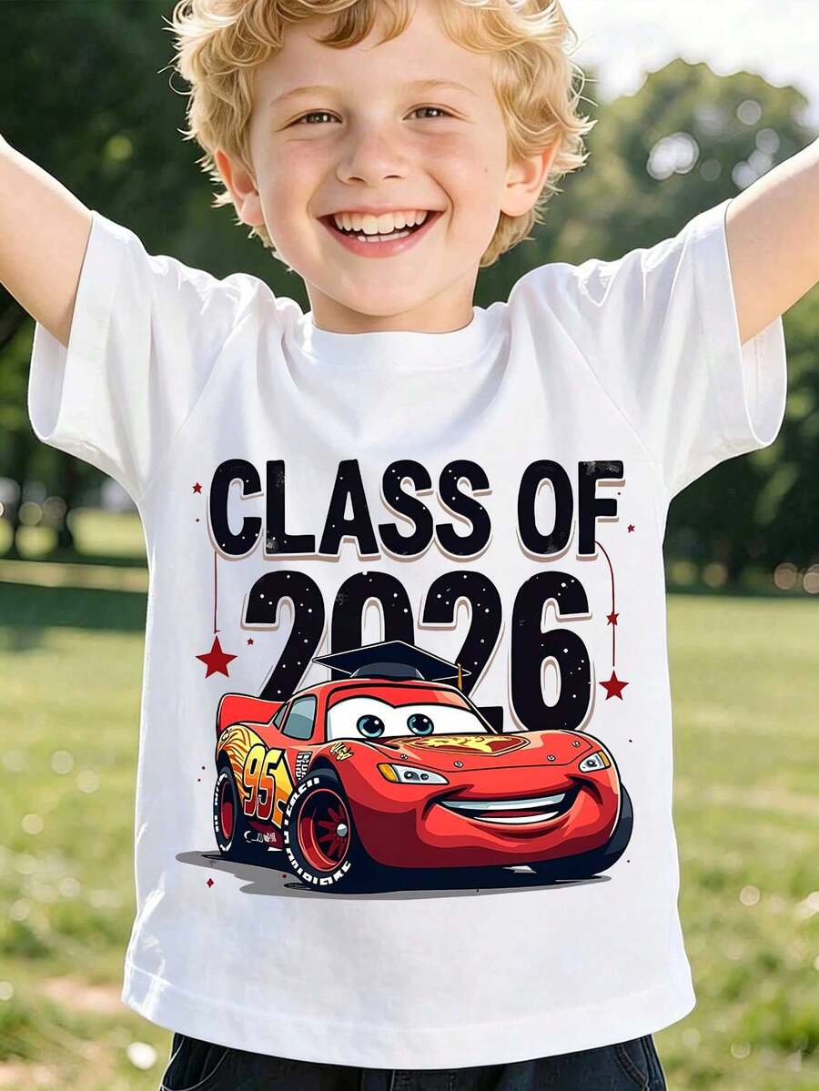 La nueva camiseta estampada para niños de Disney de 2026, con el diseño de Rayo McQueen de Cars, es divertida, animada y enérgica. La nueva camiseta Disney de 2026 es cómoda y transpirable, adecuada para la temporada de graduación de 2026, para jugar y usar de vacaciones, y apta para niños y niñas. - Blanco - Ver 1