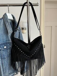 Bolso bandolera de cuero retro de moda, bolso de hombro estilo bohemio con flecos y remaches, cartera cuadrada casual, bolso de mensajero adecuado para viajes y uso diario, bolso bandolera d - Negro 4 - Ver 12