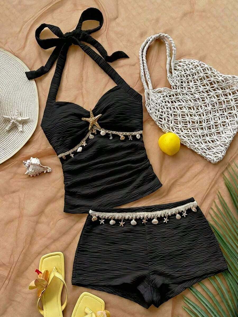 Conjunto de 2 piezas de top halter sin espalda y shorts, conjunto de ropa para vacaciones - Negro - Ver 1