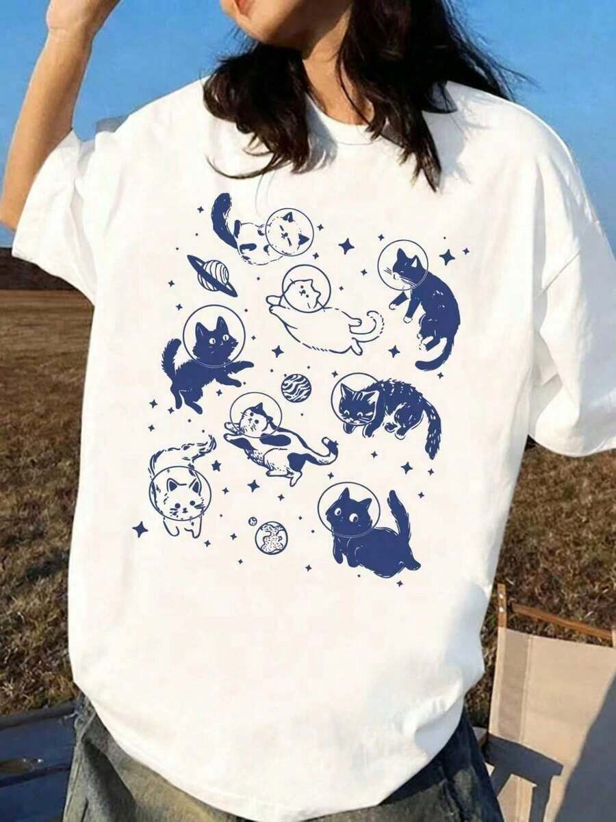 Camiseta casual de manga corta con cuello redondo y estampado de gato espacial, top de verano para mujer. Transpirable y cómoda. - Blanco - Ver 1