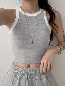 Top corto de tirantes de unicolor casual para mujer - Gris 2 - Ver 1
