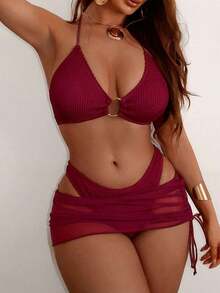 Swim paquete de 3 bikinis de halter entrelazado con anillos texturados para playa de verano con falda de playa - Granada - Ver 3