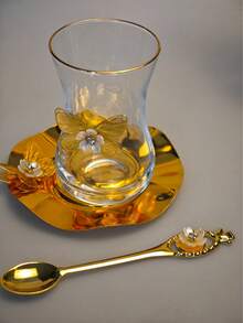 1个带勺子的豪华玻璃金边咖啡杯，新款土耳其咖啡杯带碟，蝴蝶甜点盘 - 彩色 - 查看 1
