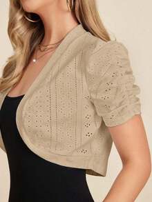 Clasi Chaqueta corta de mujer elegante con mangas cortas de encaje y botones delanteros para la oficina en otoño/invierno - Caqui - Ver 7