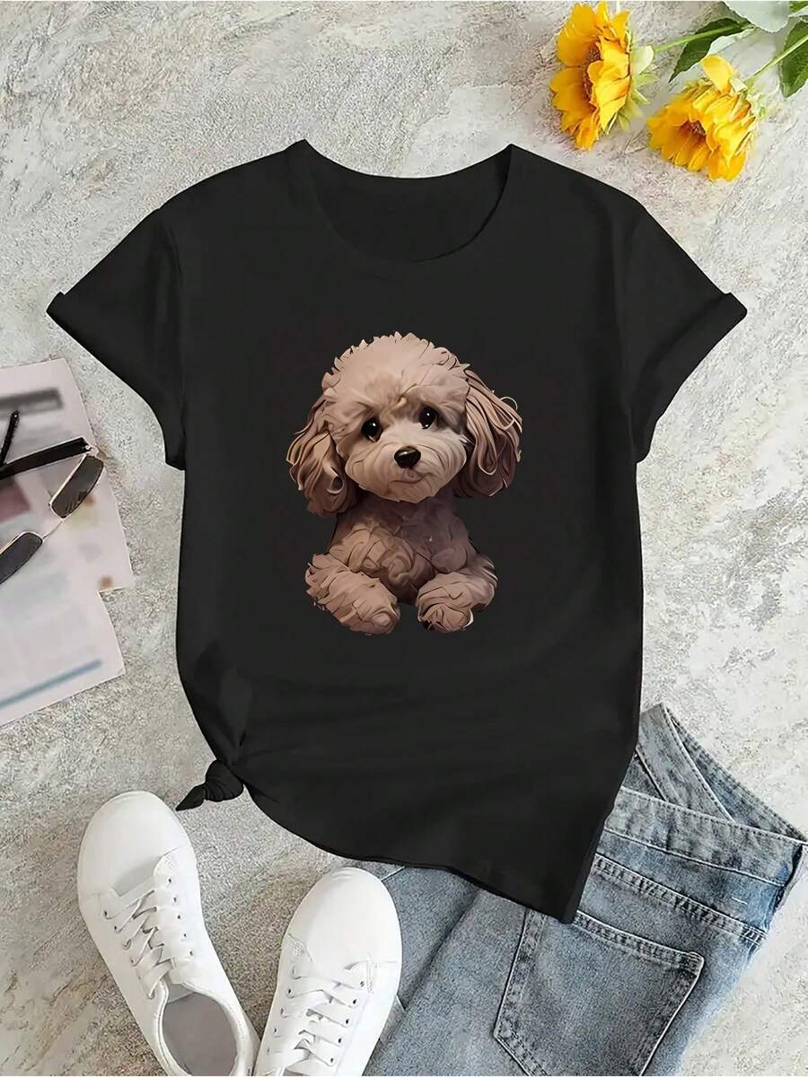 Camiseta divertida perro cachorro arte gráfico estilo moderno algodón suave cómodo casual para amantes de los animales talla S M L color negro moda - Negro - Ver 1