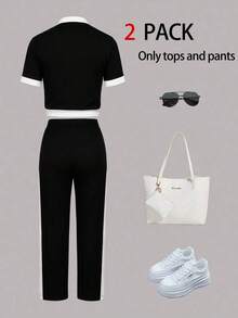 Conjunto de ropa casual para mujer, diseño de bolsillo falso con botones de color contrastante, cuello redondo, manga corta, emparejado con pantalones cómodos de cintura alta y drapeado, elegante para primavera/verano - Negro + blanco - Ver 7