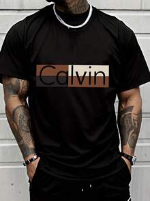 Color Block Pattern Men's Casual Short Sleeved Calvin Letter T-Shirt - Men's Fashion Street Style Adults Casual Wear - 黑色 - 查看 2