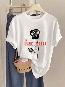 Edición Limitada: Camiseta Casual para Mujer con Estampado de Rosas Blancas, Manga Corta, Cuello Redondo, Hombros Caídos, Corte Holgado, Diseño Floral para Moda Diaria, Algodón Ligero - Blanco - Ver 2