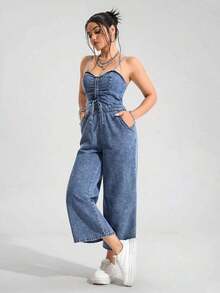 Unity Mono vaquero casual con pierna ancha y cordón delantero para mujer - Azul lavado medio - Ver 7
