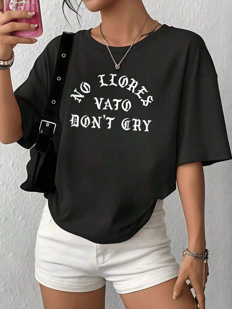 100% Cotton. The Print Displays An Encouraging Message That Invites You To Remain Calm And Strong In The Face Of Sadness, Symbolizing Resilience And Confidence. Women's 100% Cotton Casual Loose-Fit Modern T-Shirt. Women's Simple Solid Color T-Shirt, Loose And Slim Fit Casual Short Sleeve - 黑色 - 查看 1
