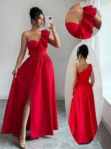 Vestido de estilo europeo y americano de última moda para mujer, sin mangas, con cuello en V, dobladillo con volantes y abertura - Rojo - Ver 9