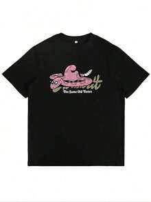 Under The Radar Women's T-Shirt, 1 Piece, Soft Fabric, Plus Size. Women's Plus Size Graphic Tee - Fitted T-Shirt With Pink Snake Print, Crew Neck, Casual For Everyday Wear, Machine Washable, All Seasons. 100% Cotton. - Unisex Short Sleeve Crew Neck T-Shirt, Urban Vintage Style, Loose Fit. - 黑色 - 查看 1