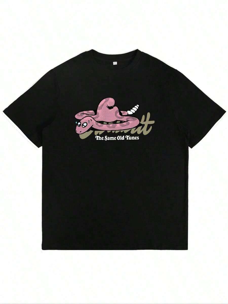 Under The Radar Women's T-Shirt, 1 Piece, Soft Fabric, Plus Size. Women's Plus Size Graphic Tee - Fitted T-Shirt With Pink Snake Print, Crew Neck, Casual For Everyday Wear, Machine Washable, All Seasons. 100% Cotton. - Unisex Short Sleeve Crew Neck T-Shirt, Urban Vintage Style, Loose Fit. - 黑色 - 查看 1