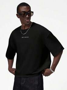Men's Short Sleeve Crew Neck T-Shirt With Minimalist Print, Olive Green Graphic Tee, Oversized Printed Crop Top For Men, Unisex Washed T-Shirt. Y2K Style, Fashionable Style, Cute Style, Casual Style, Women's Blouses > Clothing. 230g (Sizes S-XXXL) - 黑色 - 查看 2
